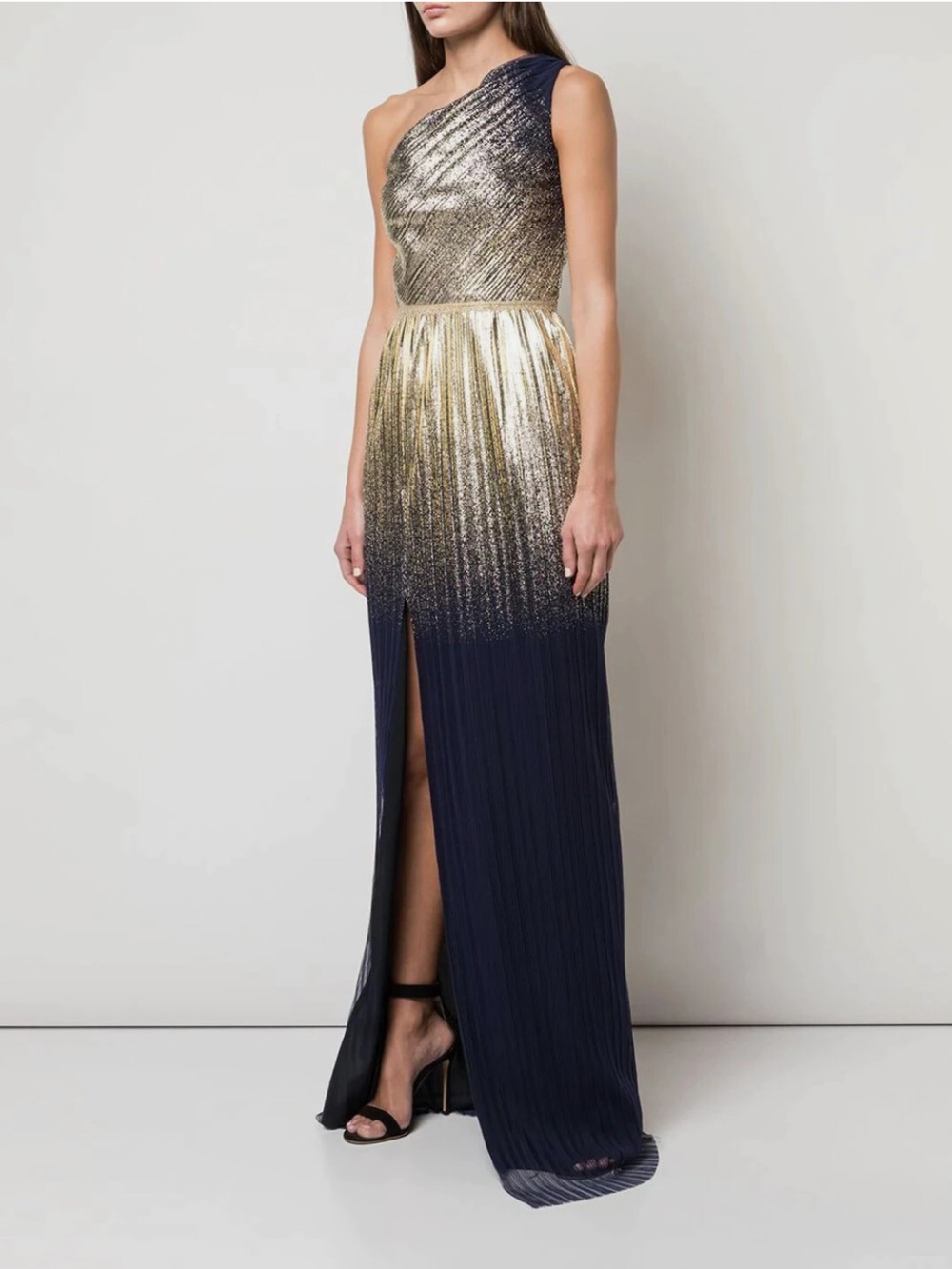Marchesa Notte Pleated Foil One Shoulder Column Black Gold Metallic Sz 2 Formal